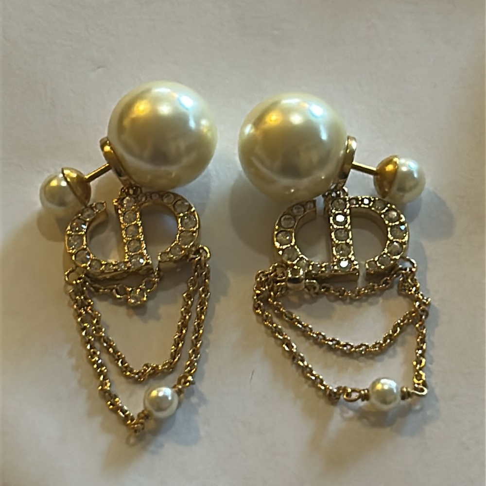 DIOR TRIBALES Earrings Gold-Finish Metal White Resin Pearls Silver-Tone Crystals - Picture 6 of 14